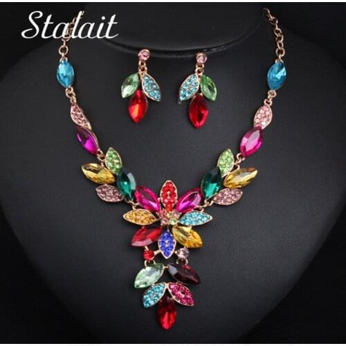 Leaves Wedding Bridal Flower Shiny Rhinestone Crystal Necklace Earrings Jewelry Set For Brides Women Luxury Jewelry