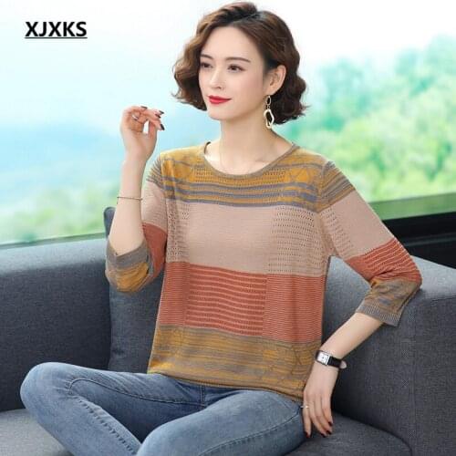 XJXKS Round neck three-quarter sleeve women thin sweater 2021 spring autumn new fashion striped women wool knitted sweater