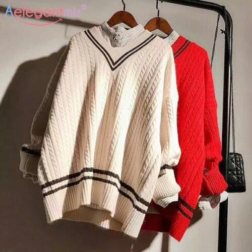 Aelegantmis Vintage Sweater Oversize Preppy Style V Neck Knitted Twisted Sweater Women Korea Autumn Winter Pullover Outwear Tops