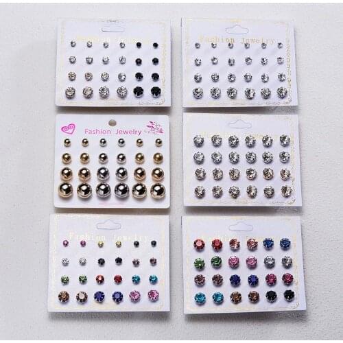 12 Pair/set Simple Solid Fashion Mixing Crystal Zircon Stud Earrings Shiny Lots of Earrings Jewelry for Women Girls Wholesale