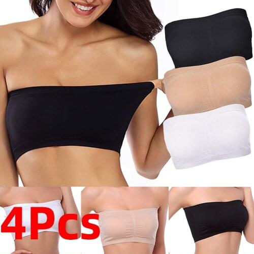 4PCS Double Layers Plus Size Strapless Bra Bandeau Top Stretchy Seamless Bandeau Tube Removable Padded Bra Boob Crop NO Strap