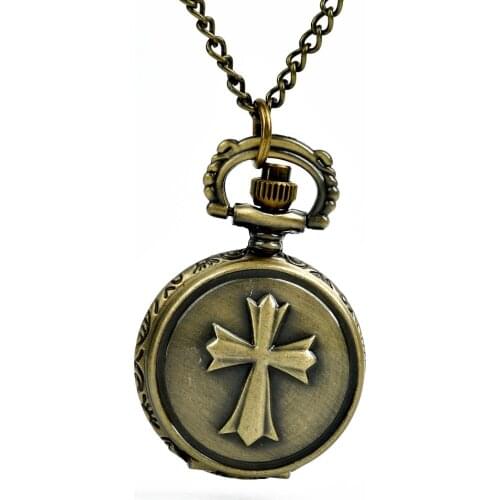 8925 Bronze Christian Cross Quartz Pocket Watch Necklace Pendant Religions Collectibles Pendant Jewelry Men Gifts