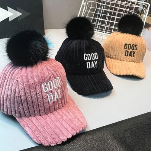 CSR001 New Good Day Embroidery Winter Thick Warm Baseball Caps Striped Fuax Fur Pom pom Corduroy Snapback Hats Casquette Gorras
