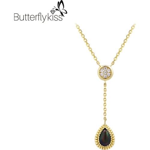 BK 9k Genuine Gold 585 Natural Black Opal Pendant Necklace Fashion Trend Party Gifts Luxury Jewelry For Women Water Drop Shape