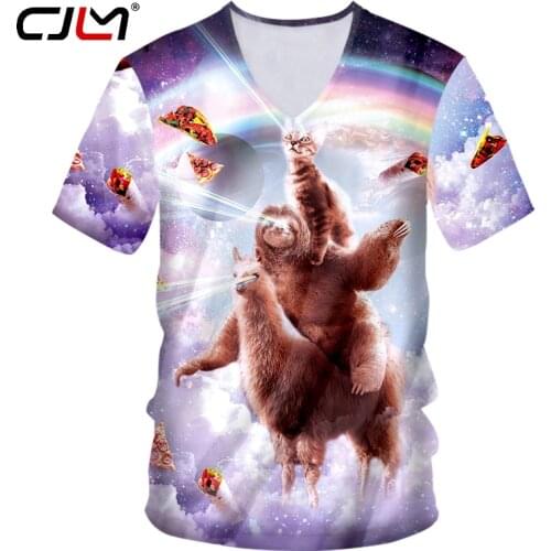 CJLM Fashion Funny V-neck T Shirt Men Space Sloth Cat Riding Alpaca 3D Print T-shirts Harajuku Style Tshirt Streetwear Tops