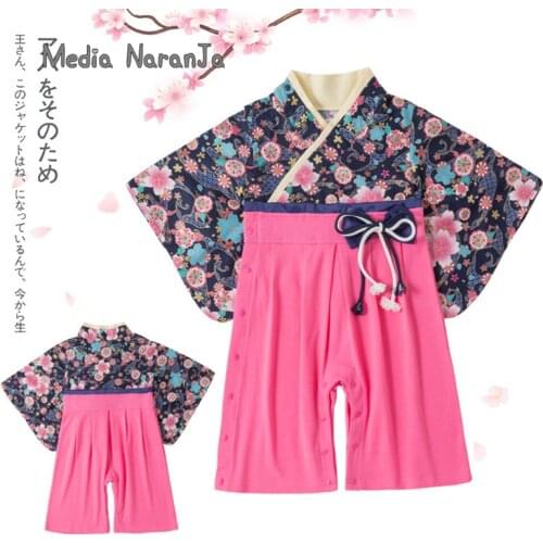 Baby Girls spring autumn long-sleeved one-piece dress,blue floral bowknot romper Japanese style printed kimono