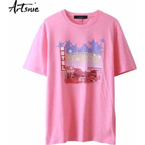 Artsnie streetwear casual print women t shirt summer o neck short sleeve tops femme pink knitted oversized t-shirt mujer