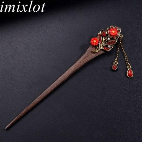 Imixlot Classic Retro Crystal Metal Flower Hair Sticks Women Elegant Fashion Random Color Hairpins Wooden Rhinestone Accessories