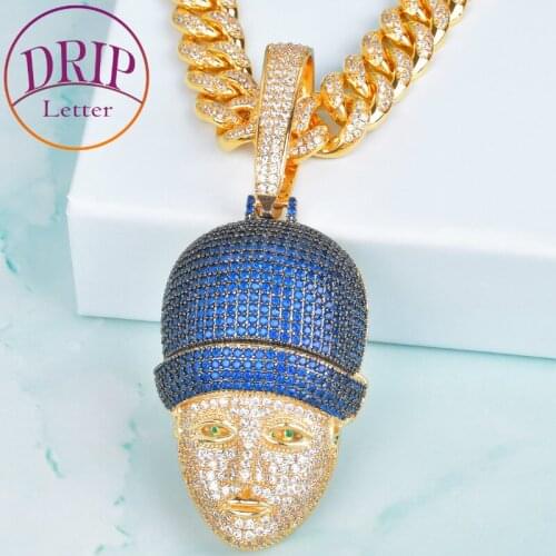 Blue Cubic Zircon Character Face Head Pendant Gold Color Necklace Charm Mens Hip Hop Rock Jewelry
