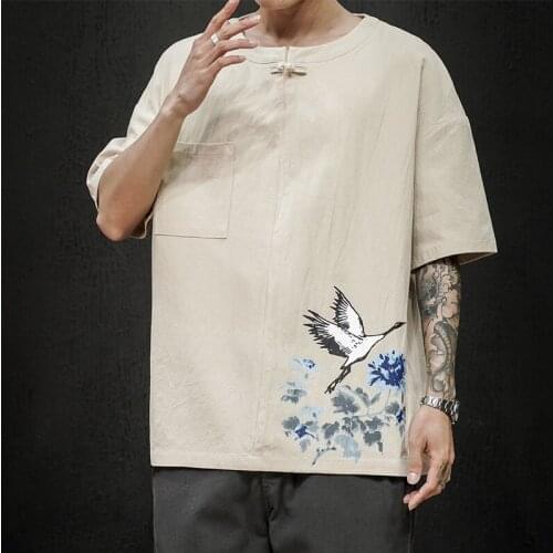 Linen Men Print Chinese Tops Retro Summer Short Sleeve Tang Suit Casual Kung Fu Tunic China Style Traditional Hanfu Shirts 10870