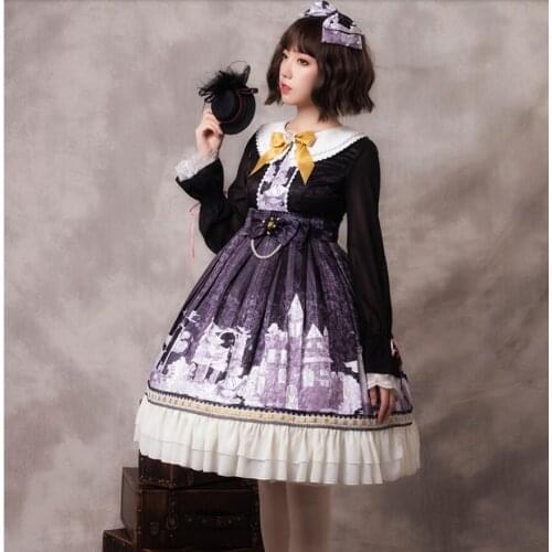 Lolita Style Lolita Teens Girls Long Sleeve OP Dress Cos Lolita Retro Gothic Dark Print Princess Dress LoliParty Vestidos