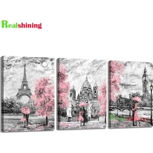 3 pcs Diamond Painting Pink Flower Theme Paris Tower diamond Embroidery full round Mosaic Diamond mazayka 3d cross stitch,N1892