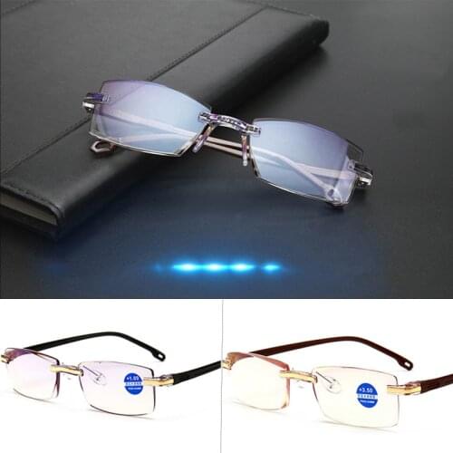 Blue Ray Reading Glasses Women Dimond Cutting Rimless Eyewear Men Anti Eyewear Presbyopic Glasses Diopter +100+150 +200+250+300