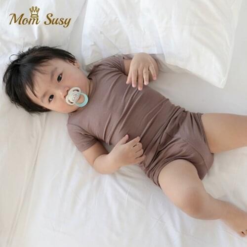 Newborn Baby Clothes Pajamas Set Cotton Summer Infant Ribbed Clothes Set Short Sleeve Sleepwear Baby Bodysuit Home Suit 2PCS