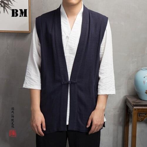 Chinese Style Clothes Cotton Linens Sleeveless Vest 2021 Plus Size Wu Tang Casual Hanfu Tank Tops Harajuku Coat Male Men