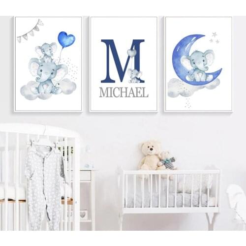 Nordic Childrens Name Personalized Custom Printed Poster Blue Moon Balloon Elephant Canvas Painting Boys Room Wall Decoration