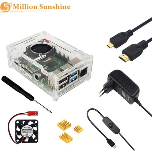 Raspberry Pi 4 Model B Accessories Acrylic Case + Cooling Fan + Heatsink + Switch Power Adapter + Micro HDMI RPI127