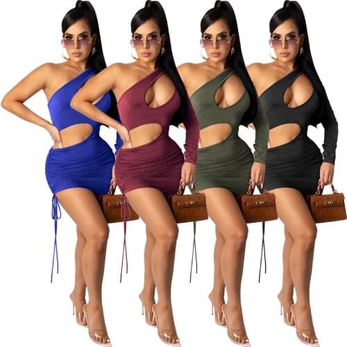 Sexy One Shoulder Women Dress Hollow Out Drawstring Party Night Clubwear Summer Dresses Vestidos Solid Color
