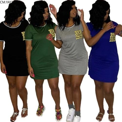 CM.YAYA Women Summer Leopard Pocket Splicing O-neck Short Sleeve Tee Dress Above Knee Mini Casual Bodycon Dresses