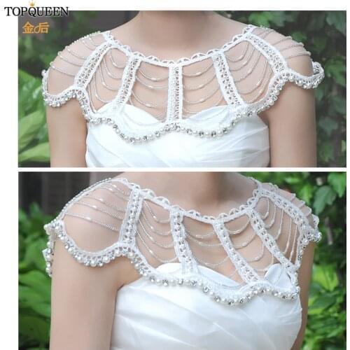 TOPQUEEN G07 Removable Wedding Train with Pearls Wrap-over Top Bolero Woman Short Sleeve Bridal Top Beaded lace tulle Crocheted