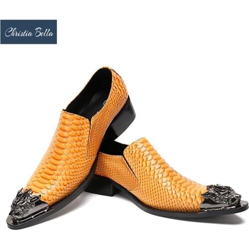 Christia Bella British Yellow Genuine Leather Men Shoes Fashion Male Wedding Dress Shoes Slip on Business Office Shoes Plus Size
