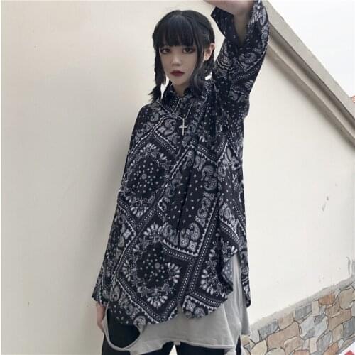 Streetwear chic retro printing all-match loose men and women shirts oversized lapel long sleeve cardigan fashion casual tops