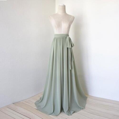Real Image Sage Chiffon Skirt Women Summer A-line Pretty Wedding Bridesmaid Skirt With Sash Custom Made Maxi Skirt