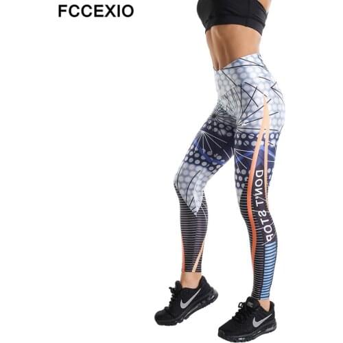 FCCEXIO Push Up Elastic High Waist Printed Leggings Women Feather Letters Cross Waist Leggings Fitness Workout Legging