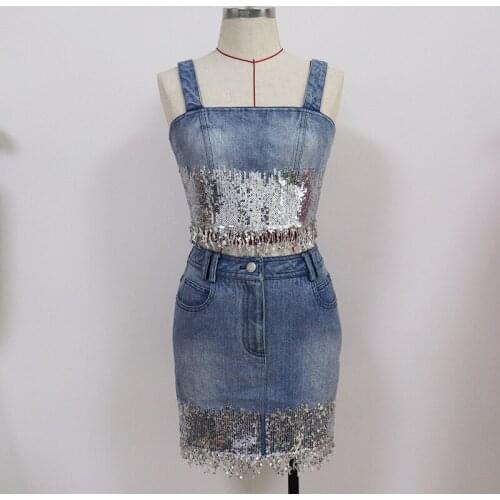 2021 New Ladies Suit Tassel Sequin Suspenders Denim Short Vest + Mini Skirt Two Piece O162