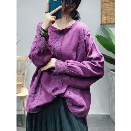 2021 New Pullovers Blouse Autumn Casual Loose Retro Women Shirt Tops Ladies O-Neck Spliced Lace Vintage Shirt Tops