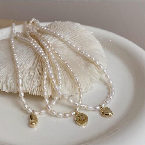 TIMEONLY Natural Freshwater Pearls Beaded Necklace for Women Metal Smile Face Love Heart Pendant Necklace Exquisite Jewelry