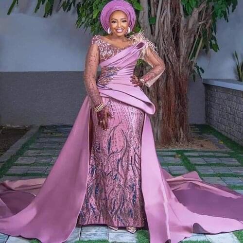 Lavender Aso Ebi South African Evening Dresses Mermaid Long Sleeves Beaded Feather Nigeria Saudi Arabic Evening Gown Prom Dress