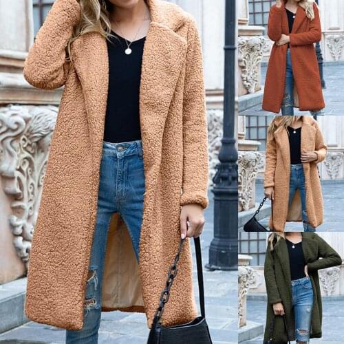 Women Winter Faux Fleece Long Sleeve Imitation Lamb Wool Lapel Warm Coat Jacket Open Front Overcoat Cardigan