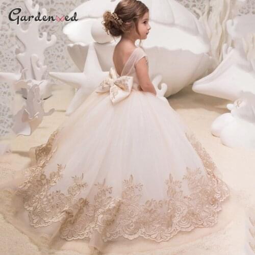 Gold Lace Applique Flower Girl Dresses Backless Bow Girl Pageant Dress Lace Applique Skirt First Communion Dress