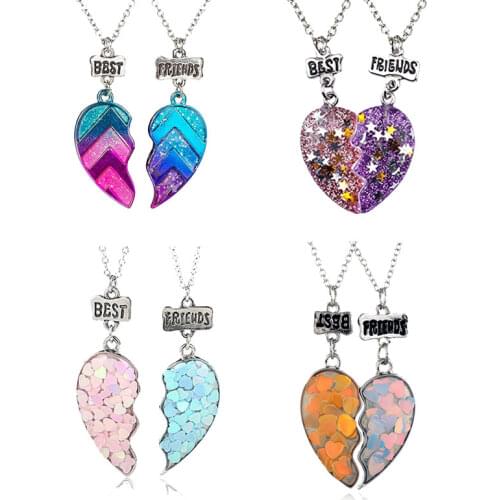 2Pcs Best Friend Necklace Girls Friendship Colorful Stitching Heart Paired Pendants Couple Necklace BFF Childrens Jewelry Gift