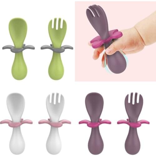 2Pcs Baby Learn Feeding Spoon Fork Set Solid Color Kids Infant Feeding Tableware Portable Toddler Training Cutlery