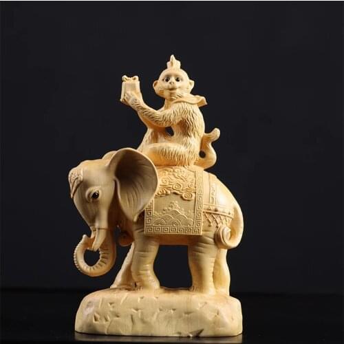 Boxwood 13cm Monkey and Elephant Sculpture Lucky Wood Wealth Statue Rich Feng Shui Home Decor