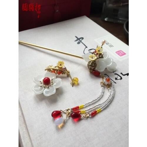 Colored Glaze White Flower Tassel Hair Stick Vintage Chinese Handmade Hair Jewelry Hanfu Cos Hair Accessory Brooch Hairpin