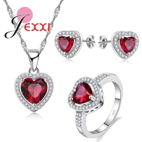 Elegant Red Heart Cubic Zircon Crystal Bridal Wedding Jewelry Sets For Woman Stud Earrings Rings Necklace Set Accessory