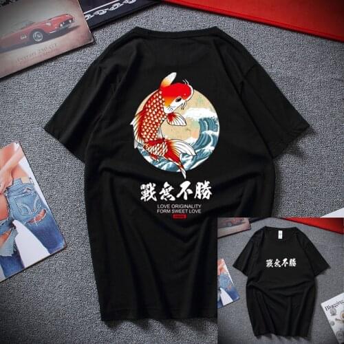 Japanese Harajuku Style Men T Shirt Print Wave Carp Fish High Quality Summer T-shirt Tops Tees Europe Size XS-XXL