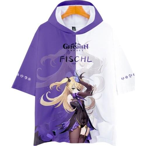 Hip Hop Tees 3D Genshin Impact Hooded T-shirt Men Women Casual Tops Fashion FISCHL Boys Girls Summer Cartoon Hoodie t-shirt