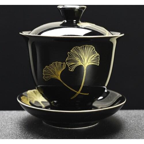 Chinese retro tea cup simple with a lid bowl ceramic kung fu tea set tea cup three bowls black glaze golden ginkgo teaware