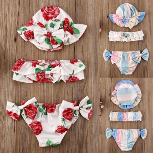 3Pcs Newborn Toddler Baby Girl Floral Printed Swimsuit Bow Bathing Swimming Suit Bikini Set Swimwear Hat Summer Beachwear