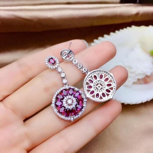 Shinning fashion circle red garnet gemstone earring set for women silver fine jewelry natural gem wine red color birthstone gift