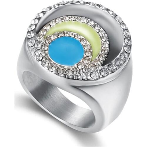 Round Rhinestone Ring Sliver Color Stainless Steel Iced Out Cocktail Big Rings For Women Hip Hop Party Jewelry Gift Dropshipping