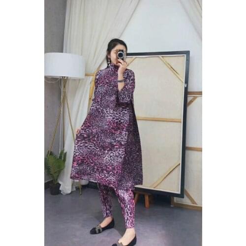 HOT SELLING Miyake fashion fold Leopard print three quarter turtleneck A-Line dress IN STOCK