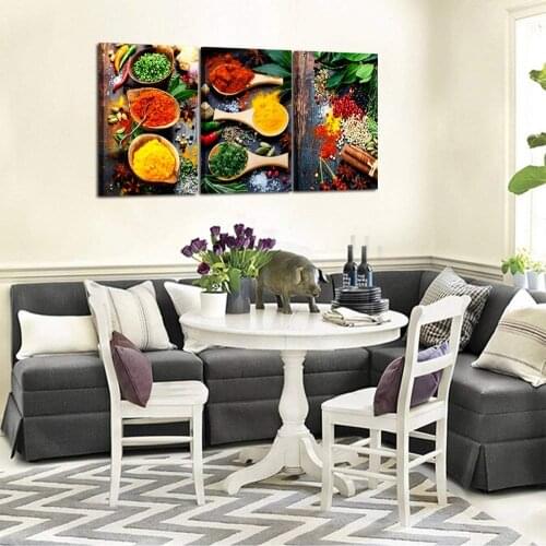 Wall Decor 3 Piece Set Canvas Prints Spices and Spoon Vintage Canvas Wall Art Vegetables Paintngs Print on Canvas Drop shipping