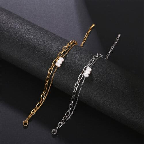 Popular simple metal Double Row irregular hollow paperclip chain link inlaid freshwater pearl stainless steel bracelet women