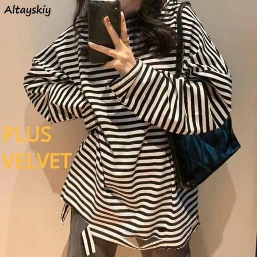 Striped T-shirts Women Hole Loose Korean Style Simple Hot Sale Plus Velvet Trendy All-match Soft Chic Leisure Female Top Popular