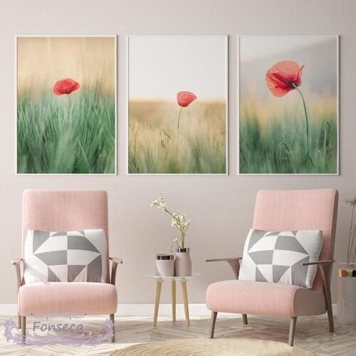 Nature Green Field Poppy Flower Landscape Print Posters Wall Art Canvas Painting Nordic Home Decoration Modular Pictures